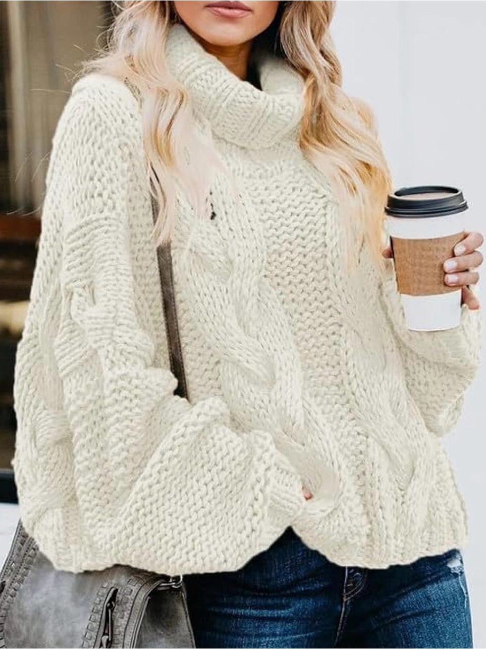 Chunky Cable Knit Turtleneck Sweater - Cream
